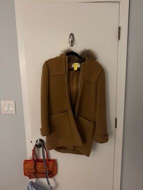 Claudie Pierlot Camel 100% Wool Hooded Pea Coat with Fur Trim